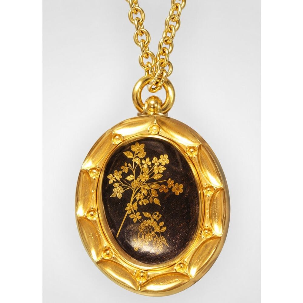 Vintage Boho Floral Pendant Necklace Black Gold Tone Reversible‎ bk01-60